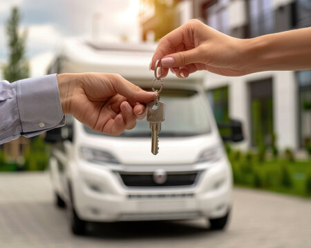 RV dealer giving the keys to a buyer