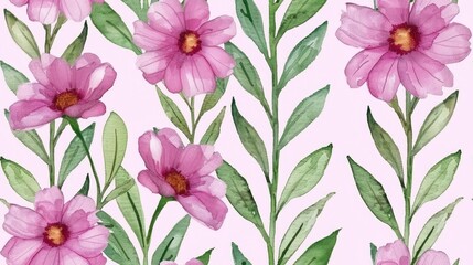Seamless pattern of pink watercolor flowers and green leaves on a light pink background, perfect for textile, wallpaper, and wrapping paper designs.
