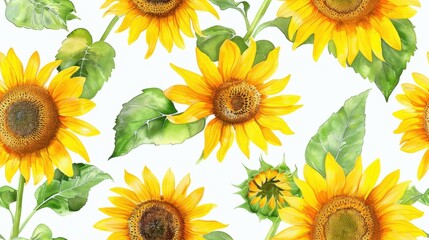 Seamless pattern of vibrant yellow sunflowers and green leaves on a white background, perfect for summer-themed designs and floral decor.