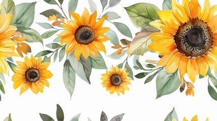 Seamless pattern of vibrant watercolor sunflowers and green leaves on a white background, perfect for nature-inspired designs.