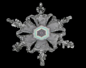 Intricate snowflake with a hexagonal pattern and delicate crystal formations against a black background.