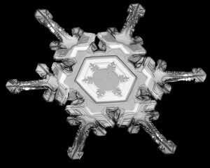 Close-up of a single snowflake displaying intricate patterns and symmetrical branches on a dark background.
