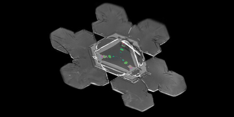 A high-resolution image of a single crystalline snowflake against a dark background, showing intricate patterns and symmetry.