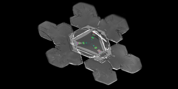 A high-resolution image of a single crystalline snowflake against a dark background, showing intricate patterns and symmetry.