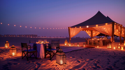 A romantic candlelit dinner setup on the beach, with an intricate tent and tables set up under a twilight sky, overlooking endless sand dunes at Dubai's most luxurious hotel resort