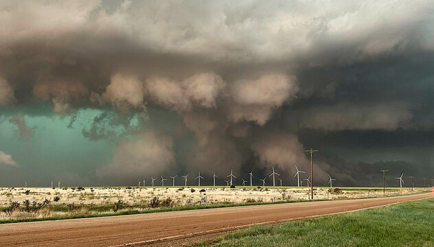 A menacing tornado forms over a wind farm with dark storm clouds looming in the sky, as seen from a roadside perspective.