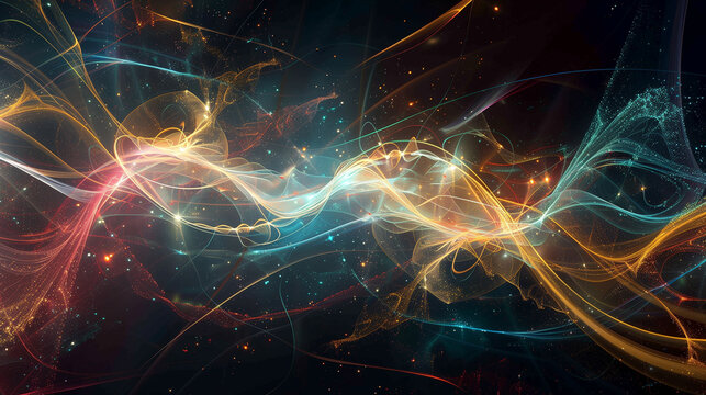 An abstract representation of quantum entanglement, with energy waves and light streaks forming an intricate pattern in space, symbolizing the complex nature of scientific physics