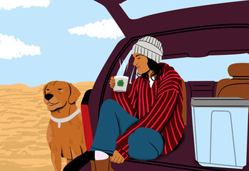 Woman in a striped jacket and beanie sits in the trunk of a car with a dog beside her, both enjoying the desert view.