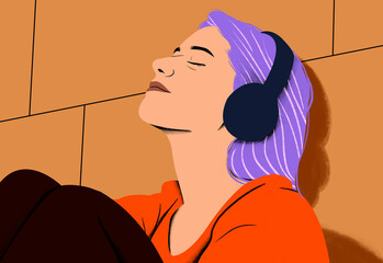Woman with purple hair enjoying music on black headphones with eyes closed against an orange background.