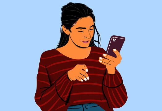 Woman smiling while reading a text message on her smartphone.