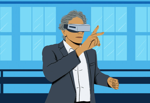 Animated businesswoman wearing virtual reality glasses interacting with a digital interface in an office setting.