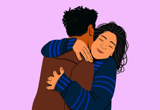 Two people sharing an affectionate embrace on a purple background.