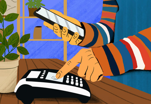 Hands scan a barcode on a landline phone with a smart device