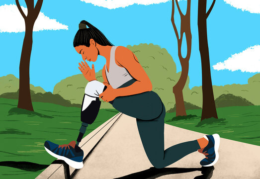 Woman, Paralympic runner, stretching before a run in a park with trees and blue sky in the background.