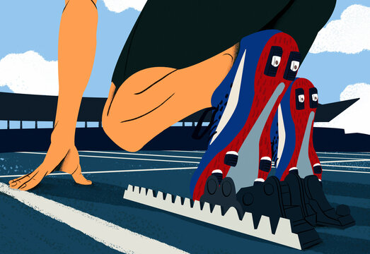 An animated runner prepares at the starting line with focus on their spiked running shoes and starting blocks on a track field.