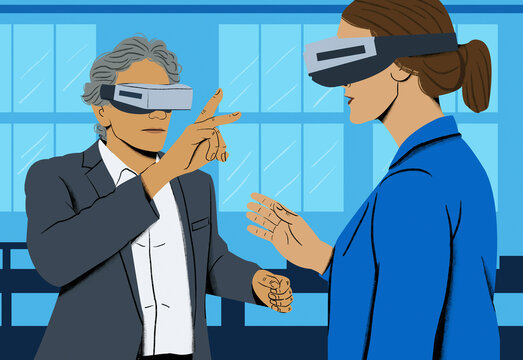 Two professionals wearing virtual reality headsets interact in a modern office setting.