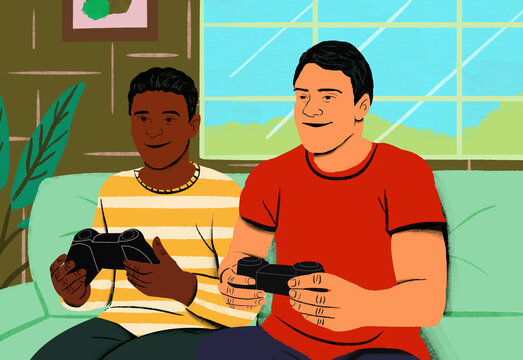 Two people sitting on a couch enjoying a video game together, smiling and holding game controllers.