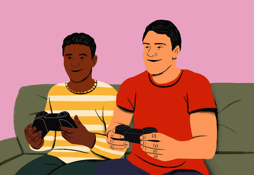 Two friends sitting on a couch enjoying a video game session together, each holding a controller and focused on their gameplay.
