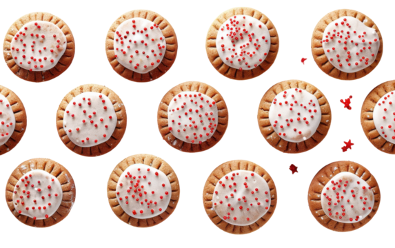 Round Sugar Cookies With White Icing and Red Sprinkles on a White Background