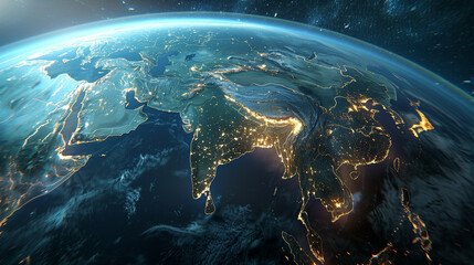  earth with glowing lights on it, highlighting China and Asian countries. 