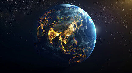 Fototapeta premium the earth with glowing lights in various parts, showing China and other Asian countries. The planet is seen from space at night. In front there's an angle of view l