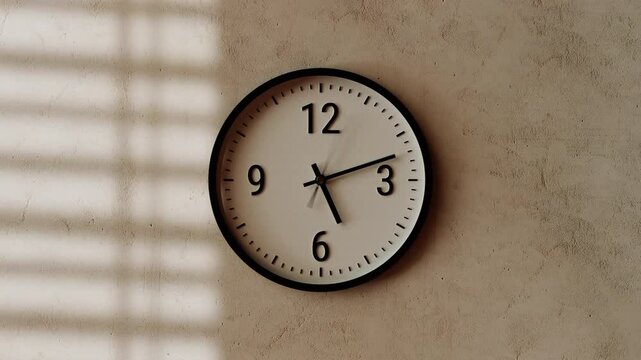 Time-lapse of black and white classic wall clock, textured warm beige concrete background, moving shadows from window blinds, soft sunlight, sunny day to evening transition, zoom in effect