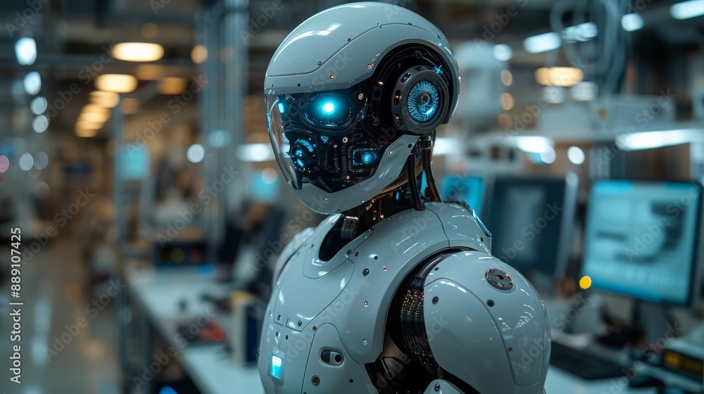 Poster Futuristic Robot in Factory Setting.