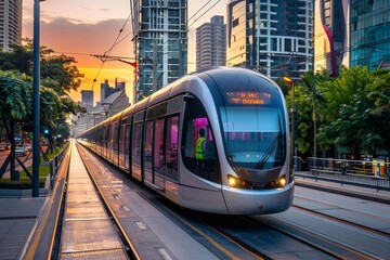 Naklejka premium Eco-Friendly Transportation: Showcasing Sustainable Modern Electric Tram in an Urban Cityscape