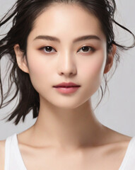 Naklejka premium Close up portrait of beautiful Asian female model in 20s with perfect glowy skin 