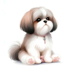 Watercolor picture of a dog shih tzu  on white background