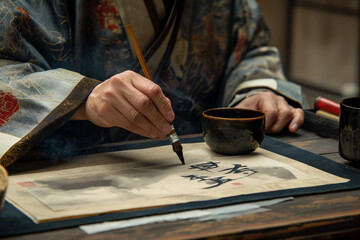 East Asian Calligrapher Practicing Traditional Brushwork in Ornate Robe