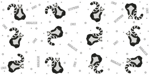 Animal seamless pattern with Madagascar lemur isolated white background. Cute flat animals ornament. Simple minimalism vector illustration can used textile fabric wallpaper wall print template.