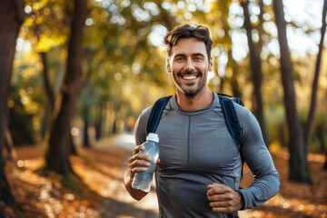 Obraz premium Smiling Man Jogging in a Park During Autumn with a Water Bottle Promoting Fitness and Outdoor Activity