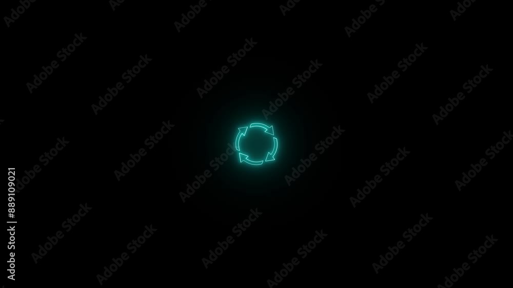 Poster glowing neon line rotation, circle arrow, refresh, reload animation on the black background. rotatio