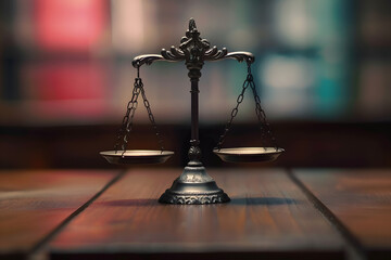 A scale of justice sits atop a wooden table, providing a sense of balance and fairness