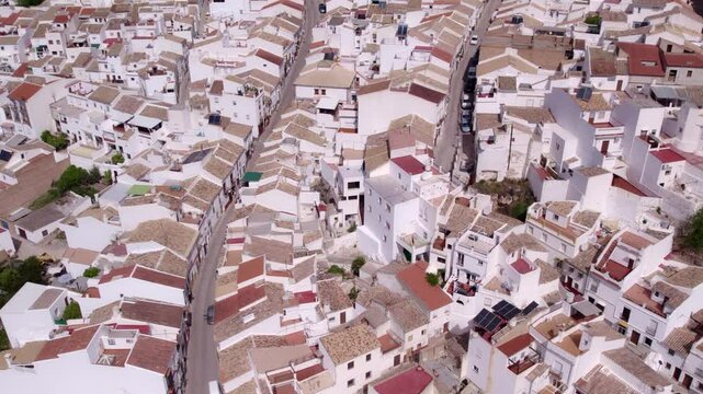 Aerial view of whitewashed houses and traditional streets in Olvera, Cadiz, Spain.