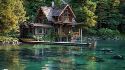 A charming lakeside cabin with cedar shingles, a wraparound porch, and a dock extending into a clear, calm lake