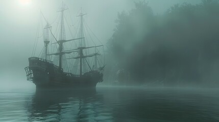 Obraz premium A mysterious sailboat emerges from the dense fog, shrouded in an ethereal glow. The scene evokes a sense of adventure and the unknown.