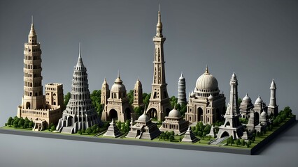 Collection of famous landmarks in a miniature scale, showcasing global architecture.