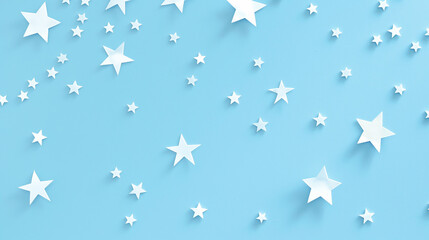 Obraz premium White stars of different sizes on a light blue background for wallpaper or paper.
