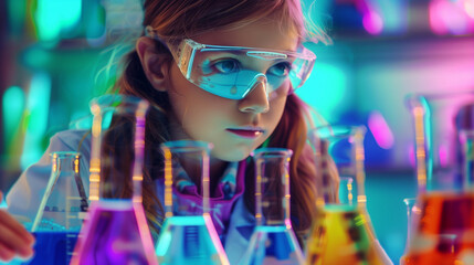 Close-up of a little girl in a lab coat and safety goggles conducting an experiment with test tubes and beakers filled with colorful liquids, in a science classroom background with