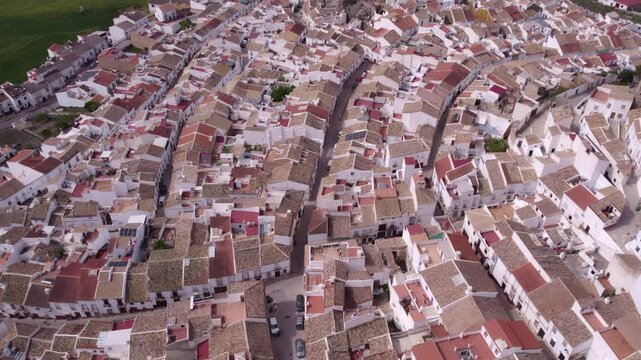 Aerial view of white town with famous church and castle, Olvera, Andalusia, Spain.