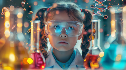 A young girl in safety goggles and lab coat, surrounded by scientific equipment like beakers filled with liquid and metallic structures of DNA strands floating above her head, crea