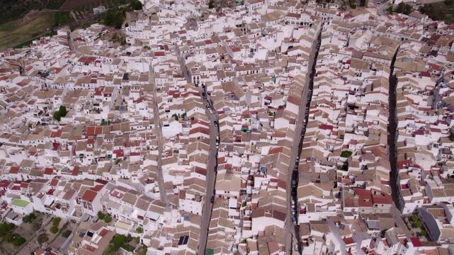 Aerial view of white town with church and castle, Olvera, Andalusia, Spain.