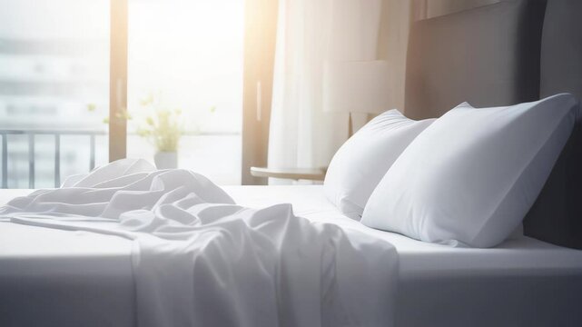 White bedding sheets and pillow background, Messy bed concept