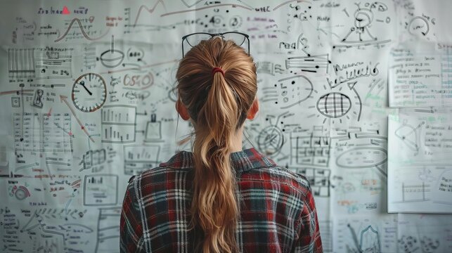 a woman brainstorming ideas on a whiteboard, creative