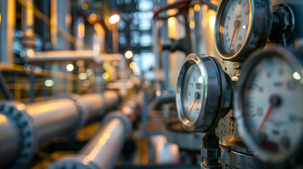 Close-up of industrial meters on a gas storage plant, a close up view of steel and glass temperature gauges at an oil plant in the background, depicting the oil industry concept. T