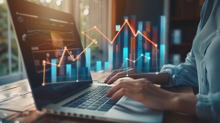 Financial analyst focused on stock market trends, utilizing advanced digital tools on a laptop in a dynamic office environment.