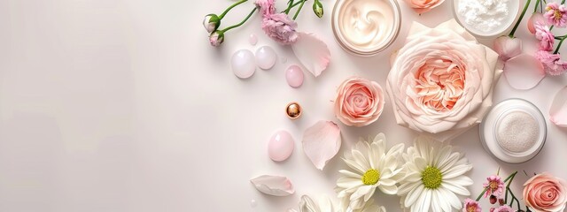 A white background with a variety of flowers and cosmetics. The flowers are pink and white, and the cosmetics include lotions and creams. Concept of beauty and luxury, as well as the idea of self-care