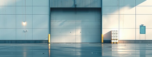 A large warehouse with a large door and a yellow post